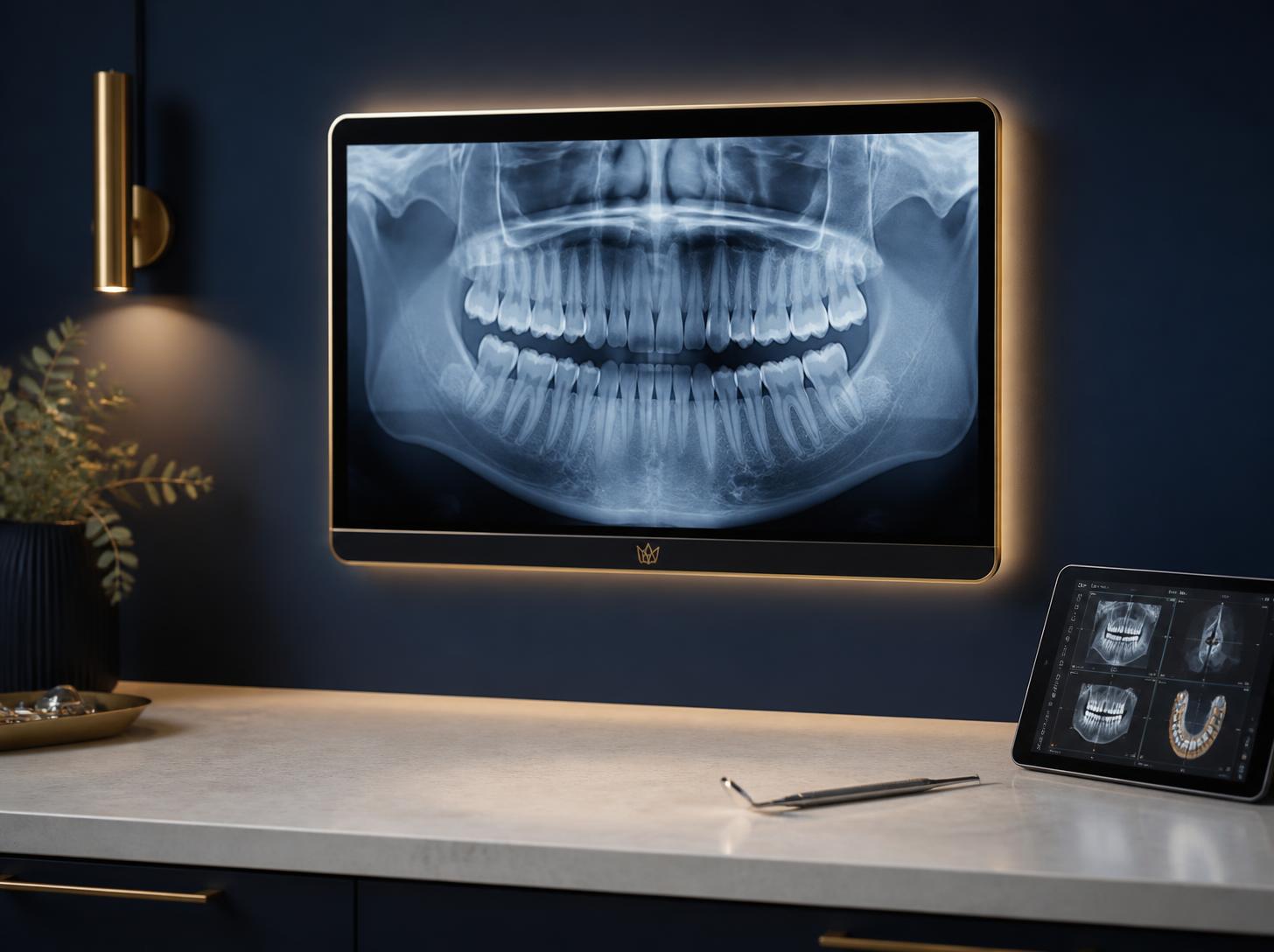 Radiographie dentaire panoramique affichée sur un négatoscope